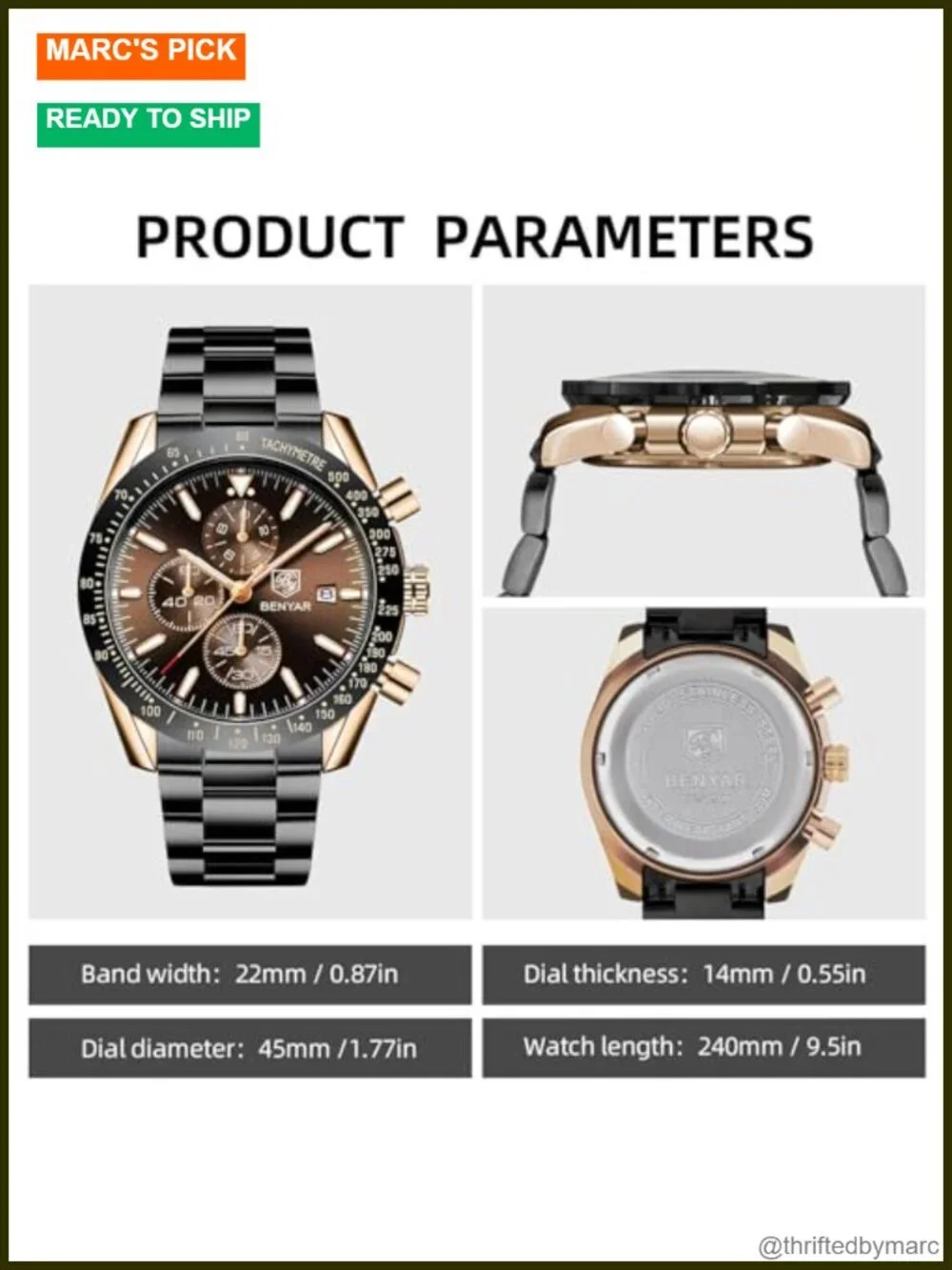 45mm Quartz Chronograph Wrist Watch with Stainless Steel Band